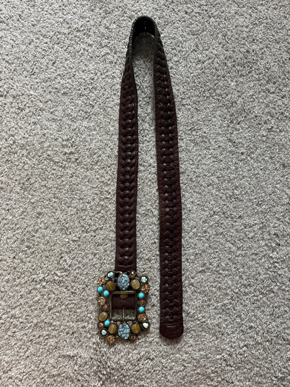 Leatherock USA Brown Woven Boho Stone Buckle Statement Belt